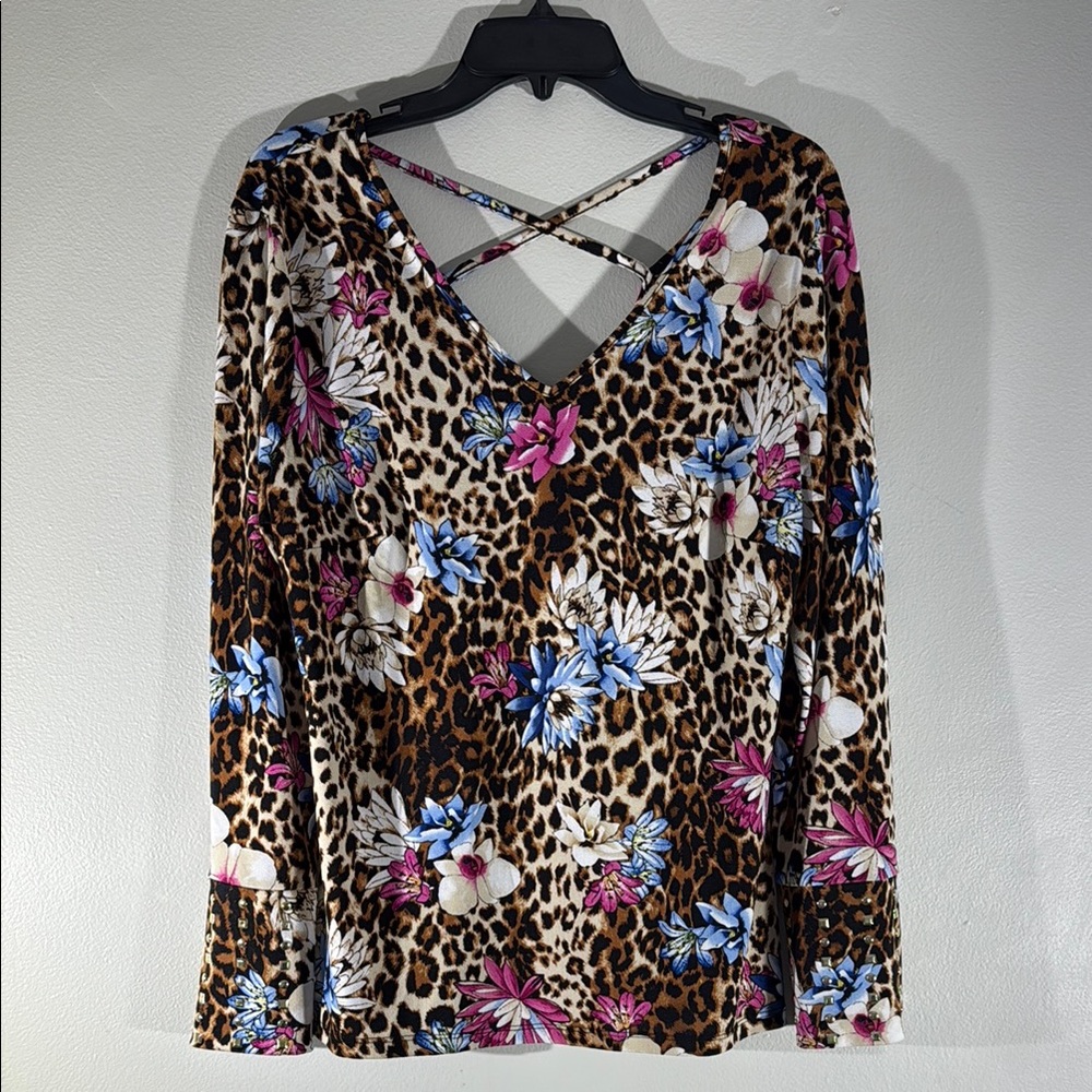 THALIA SODI Womens Size L Floral Leopard Print V-Neck Top Top Blouse